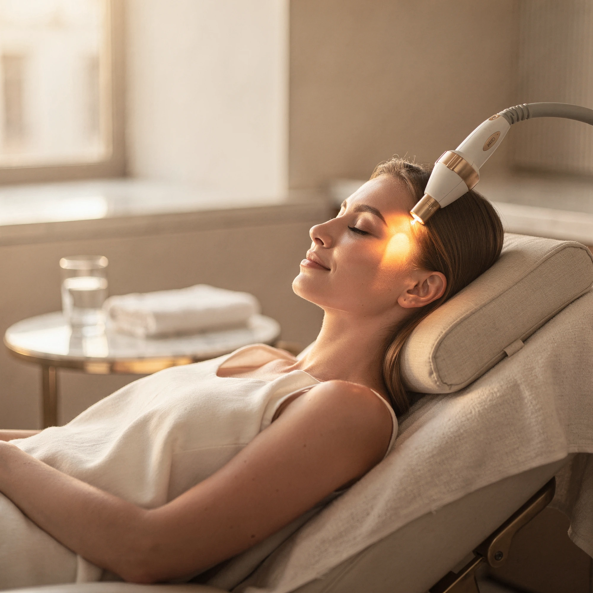 Patient receiving laser skin resurfacing treatment on her face in a serene clinical setting